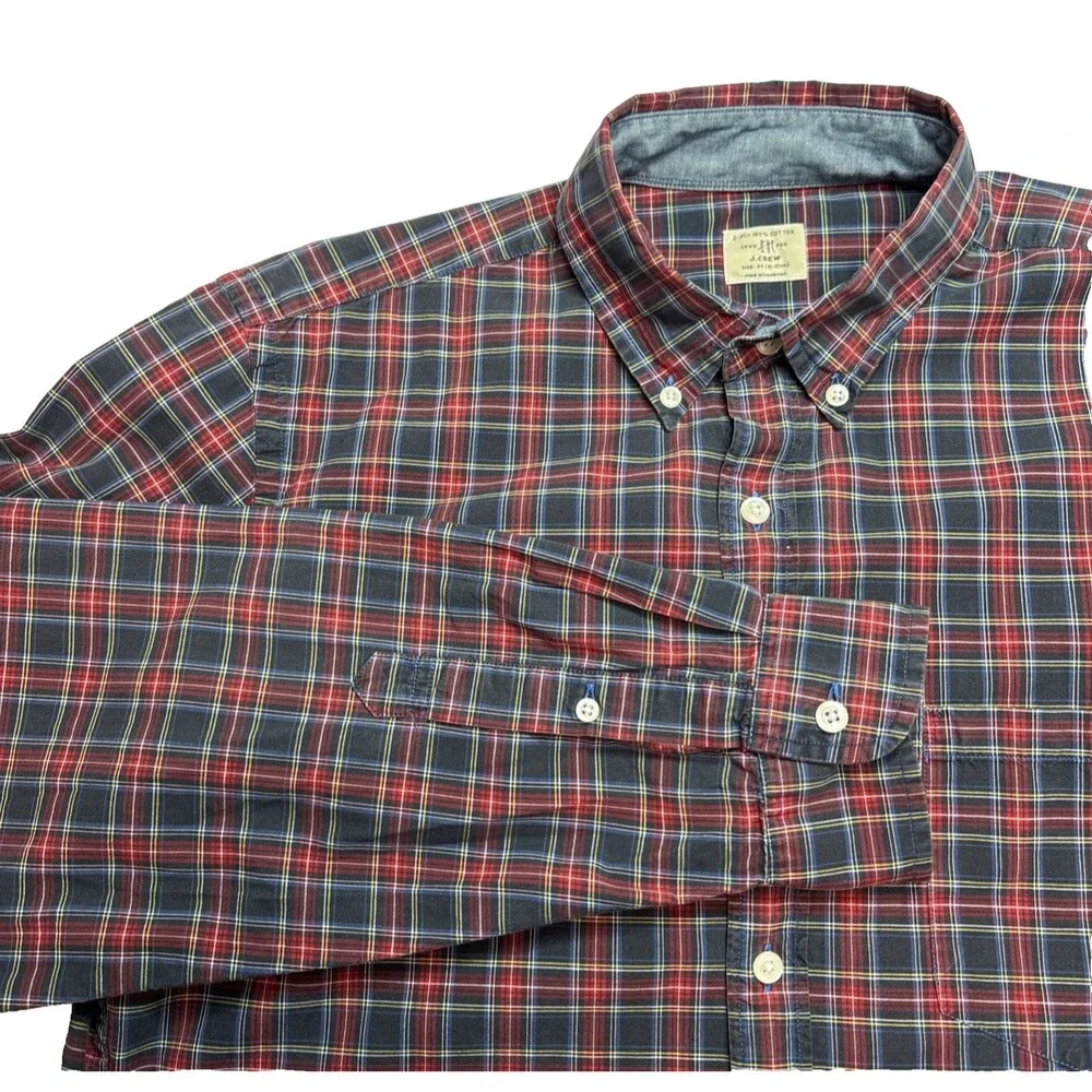 J Crew Mens Medium 15-15 1/2 Plaid Button Down Shirt Red Blue Cotton Y2K Holiday
